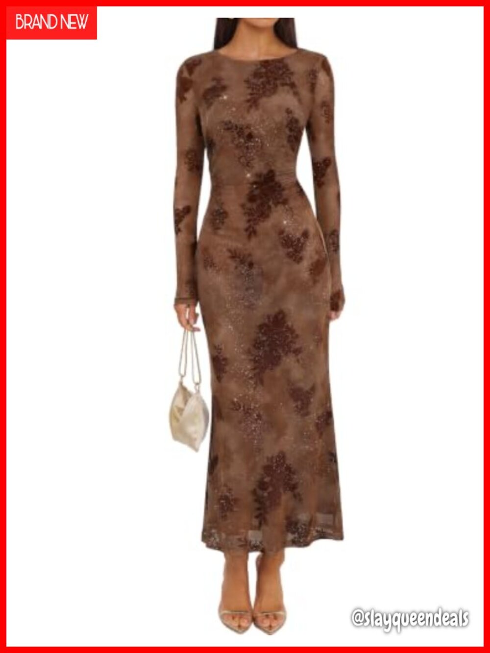 Women Fall Floral Maxi Dress Long Sleeve Mesh Ruched Wedding Guest Cocktail